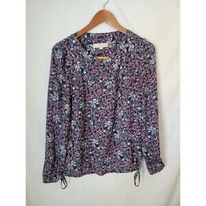 LOFT Women's XS Navy Floral Print Long Sleeve Blouse Top with Tie Cuffs